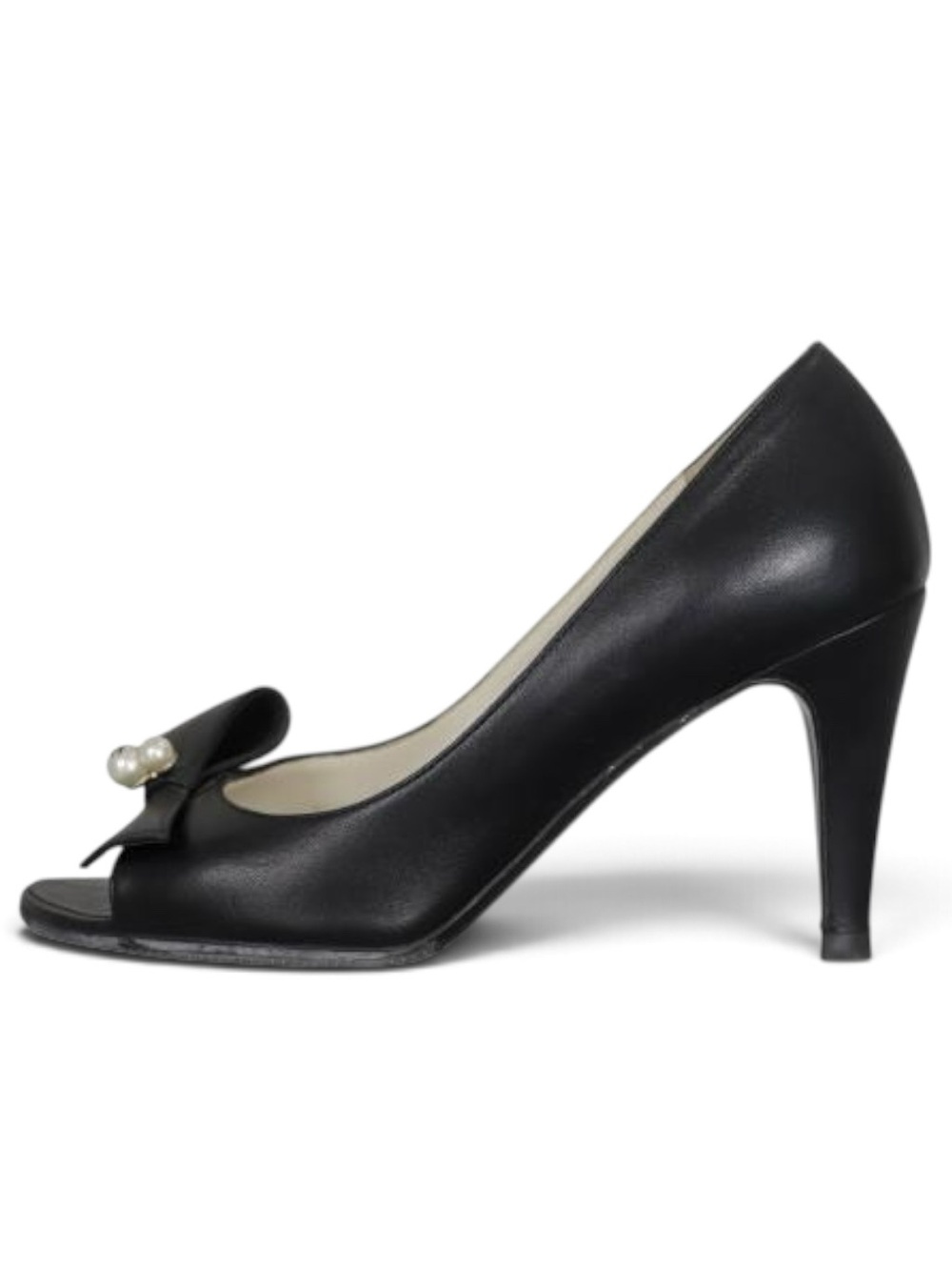 CHANEL Black Leather Peep-Toe Heel with Bow and Pearl Accent